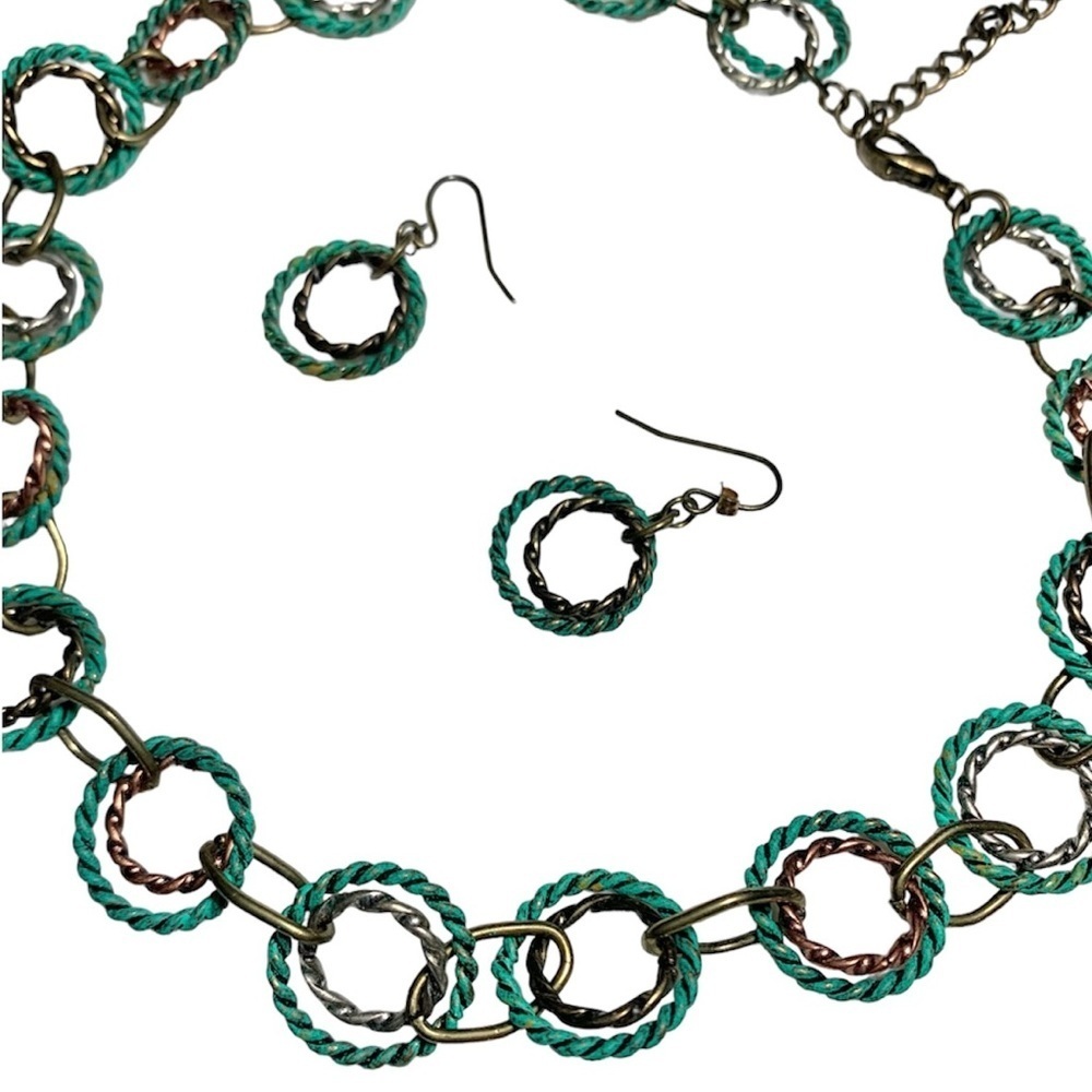 🎒BTS SALE📚 Patina Green Boho Layered Wrap Circle Charm Necklace & Earrings, [2 p - Picture 7 of 7